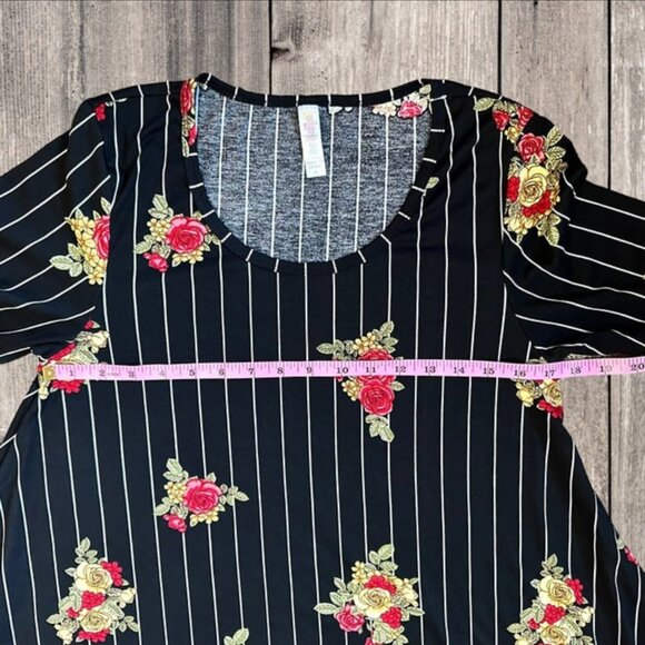 LuLaRoe Perfect Tee White Vertical Stripes Black w/ Red Green Gold Roses Size S - Picture 9 of 12